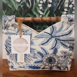 Viral Blue And White Floral Beaded Bag With Bamboo Handle. NWTS, Brand New